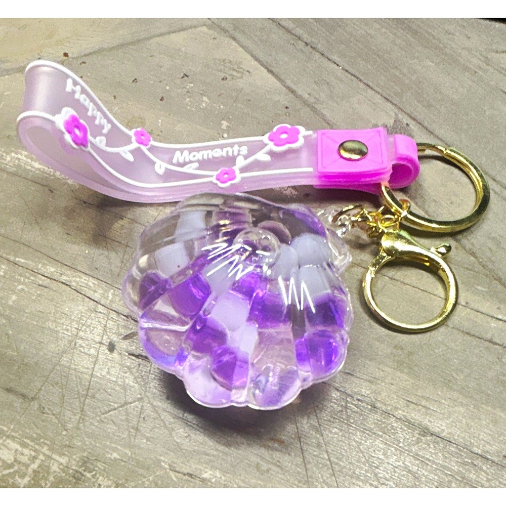 Happy Moments Floral Strap Keychain Detachable Keyring Purple Clear Plastic